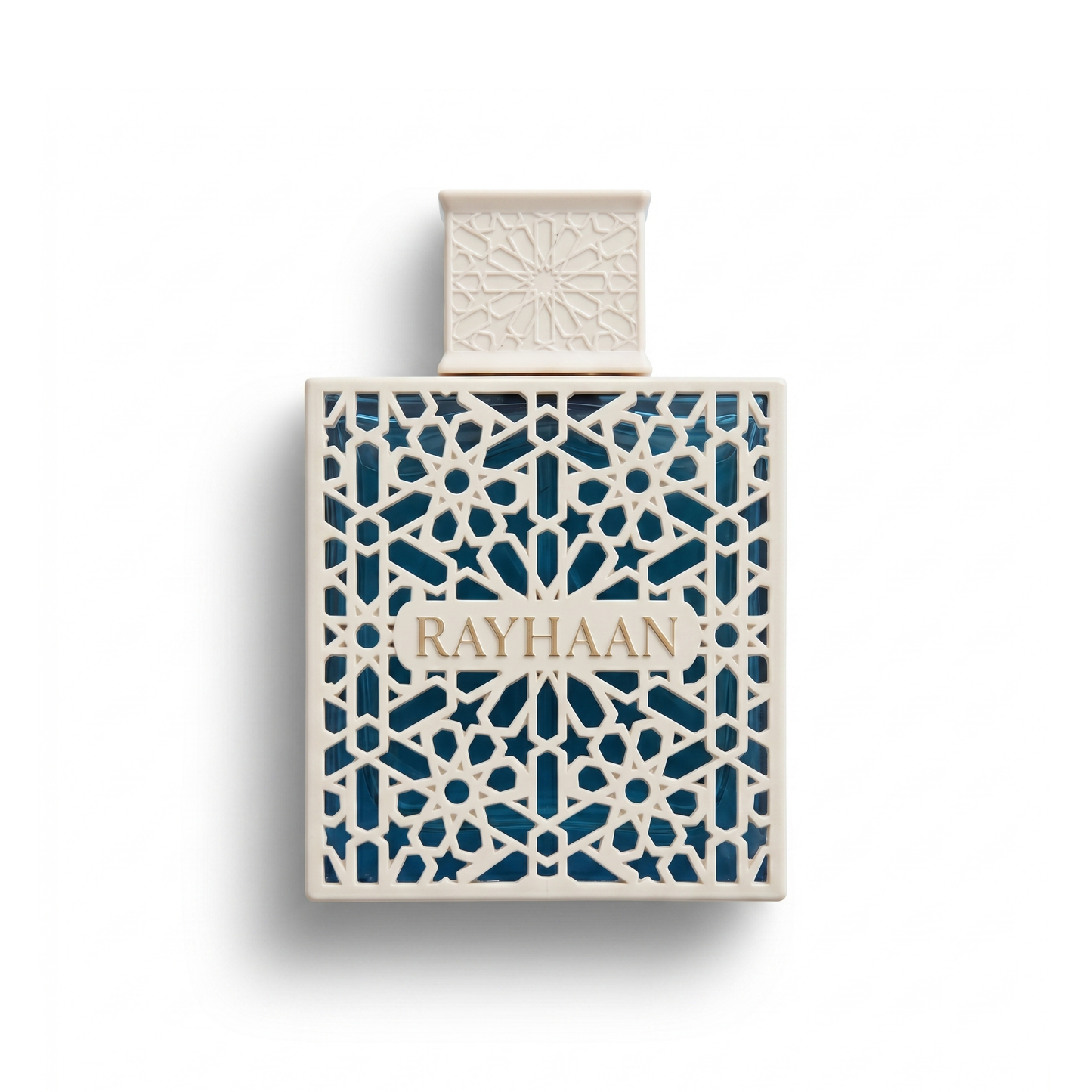Bottle of Rayhaan Azul fragrance on a white background with soft shadow
