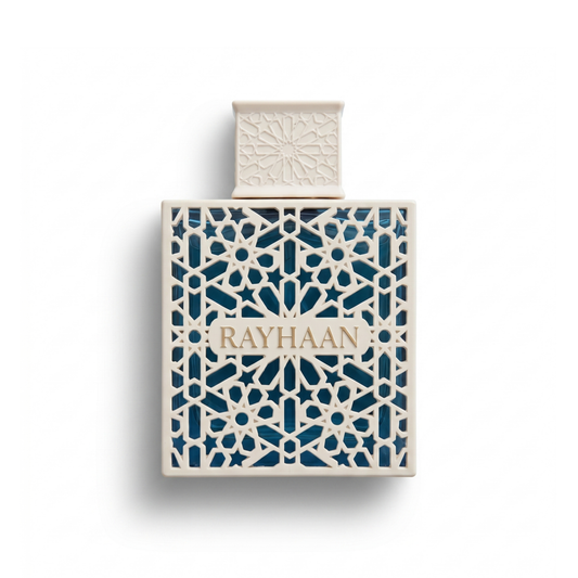 Bottle of Rayhaan Azul fragrance on a white background with soft shadow
