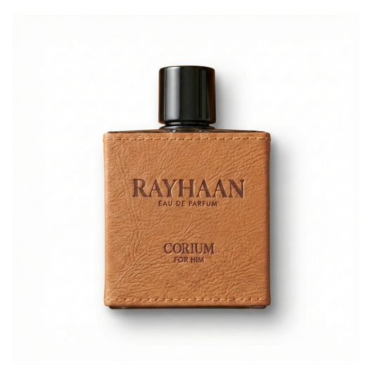 Bottle of Rayhaan Corium EDP fragrance on a white background with soft shadow