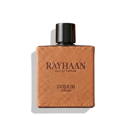 Bottle of Rayhaan Corium EDP fragrance on a white background with soft shadow