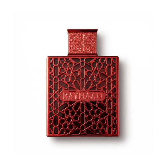 Bottle of Rayhaan Crimson EDP fragrance on a white background with soft shadow