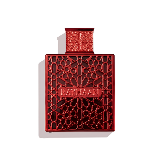 Bottle of Rayhaan Crimson EDP fragrance on a white background with soft shadow