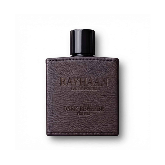 Bottle of Rayhaan Dark Leather EDP fragrance on a white background with soft shadow