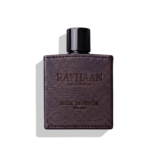 Bottle of Rayhaan Dark Leather EDP fragrance on a white background with soft shadow