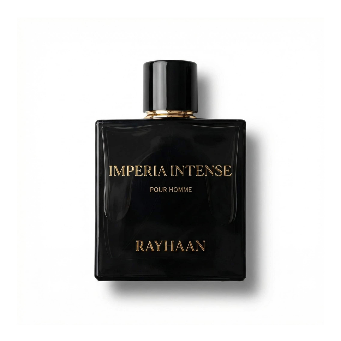 Bottle of Rayhaan Imperia Intense EDP fragrance on a white background with soft shadow