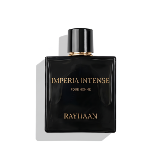 Bottle of Rayhaan Imperia Intense EDP fragrance on a white background with soft shadow