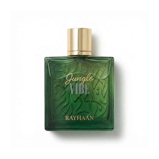 Bottle of Rayhaan Jungle Vibe EDP fragrance on a white background with soft shadow