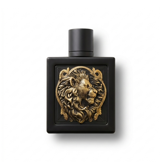 Bottle of Rayhaan Lion EDP fragrance on a white background with soft shadow