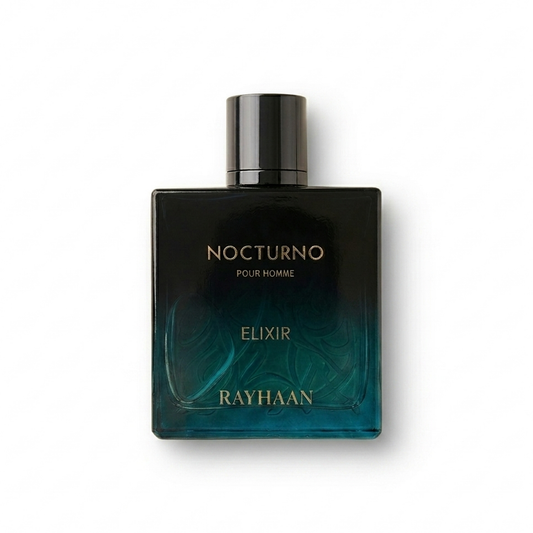 Bottle of Rayhaan Nocturno Elixir EDP fragrance on a white background with soft shadow