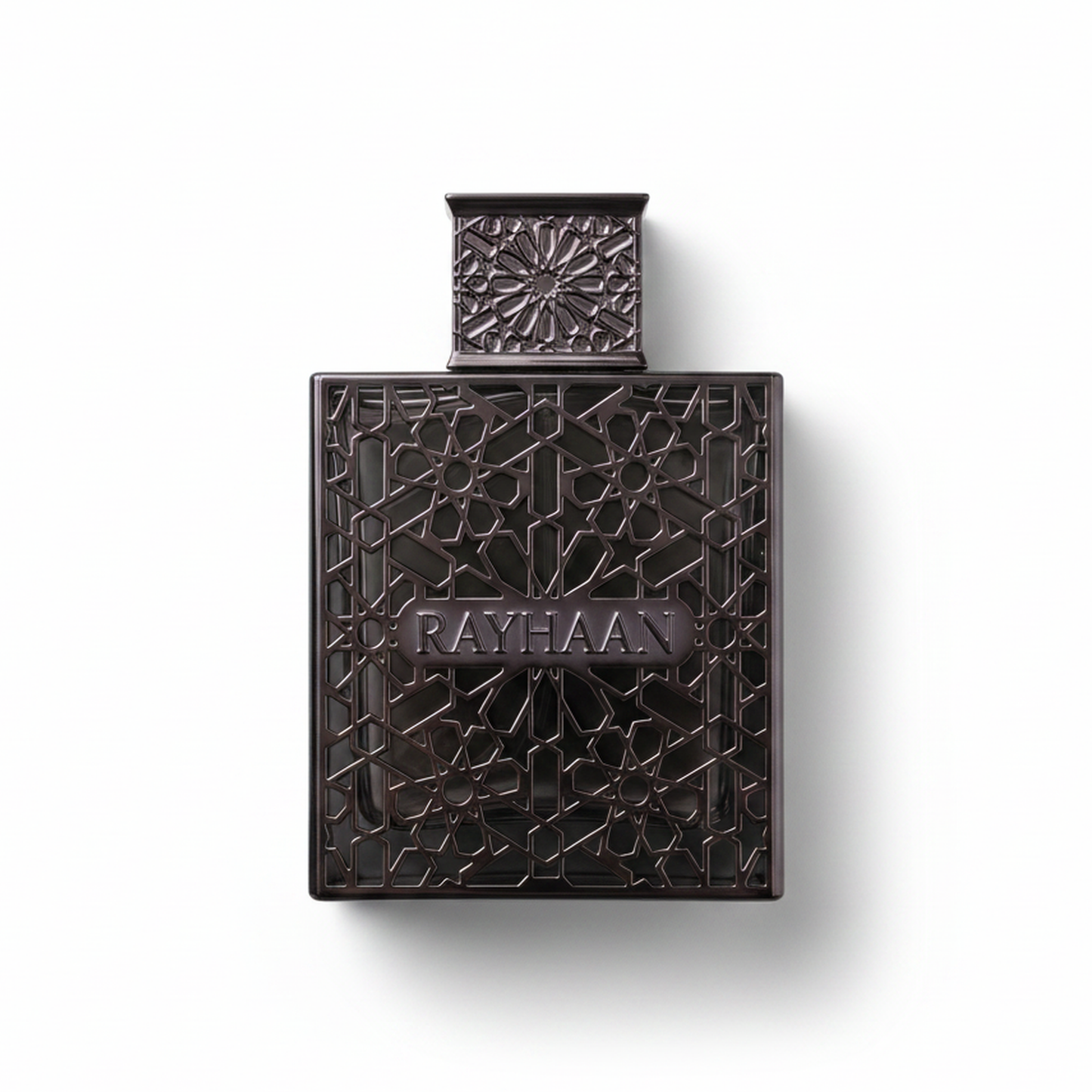 Bottle of Rayhaan Obsidian EDP fragrance on a white background with soft shadow