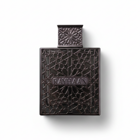 Bottle of Rayhaan Obsidian EDP fragrance on a white background with soft shadow