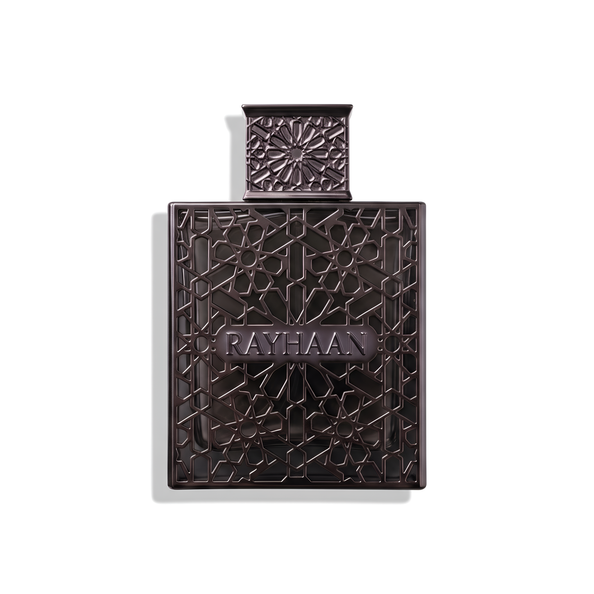 Bottle of Rayhaan Obsidian EDP fragrance on a white background with soft shadow