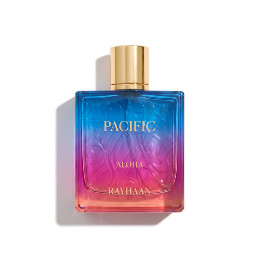 Bottle of Rayhaan Pacific Aloha EDP fragrance on a white background with soft shadow