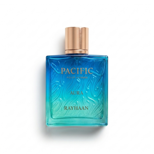 Bottle of Rayhaan Pacific Aura EDP fragrance on a white background with soft shadow