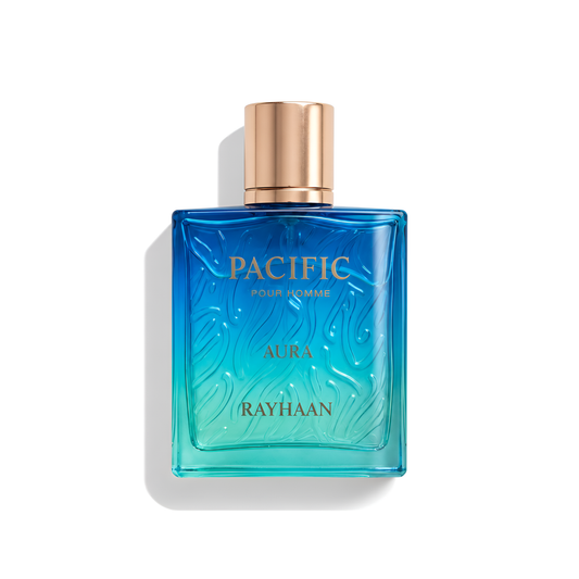 Bottle of Rayhaan Pacific Aura EDP fragrance on a white background with soft shadow