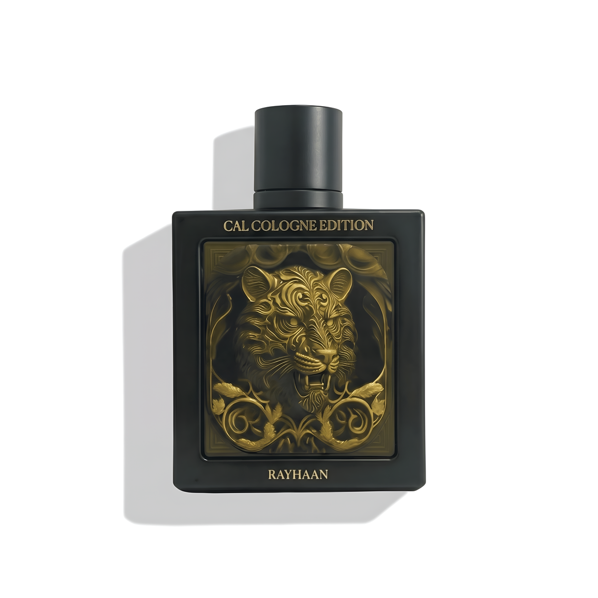 Bottle of Rayhaan Tiger EDP fragrance on a white background with soft shadow