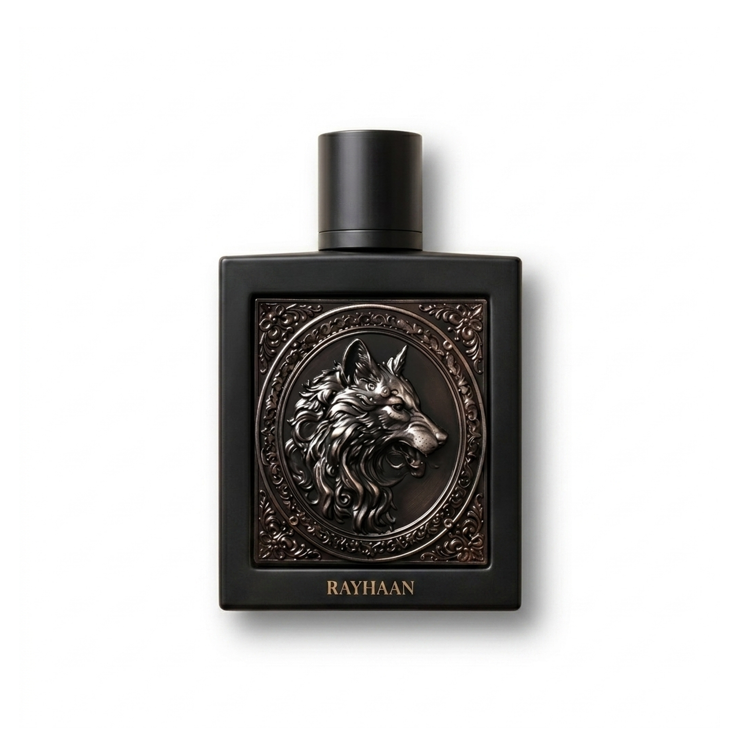 Bottle of Rayhaan Wolf EDP fragrance on a white background with soft shadow
