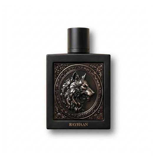 Bottle of Rayhaan Wolf EDP fragrance on a white background with soft shadow