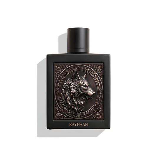 Bottle of Rayhaan Wolf EDP fragrance on a white background with soft shadow