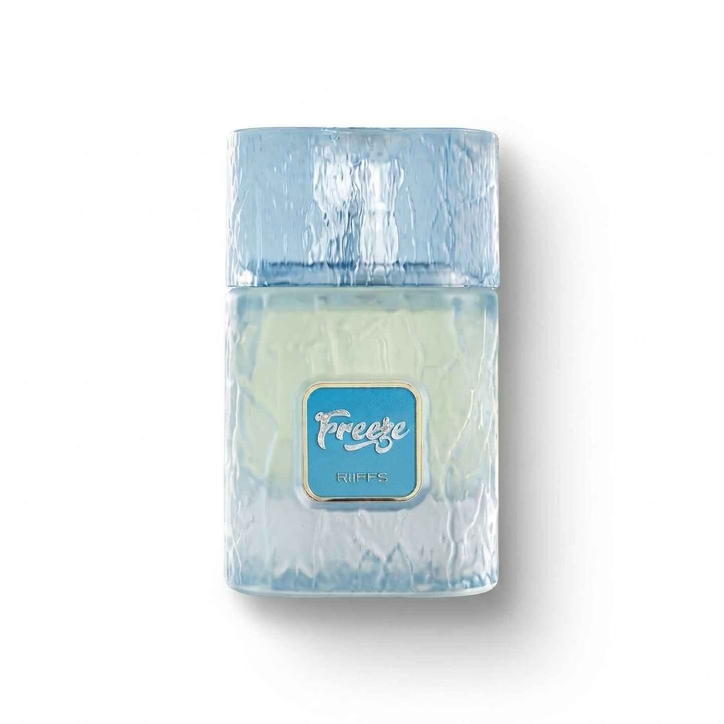 Bottle of Riffs Freeze EDP fragrance on a white background with soft shadow