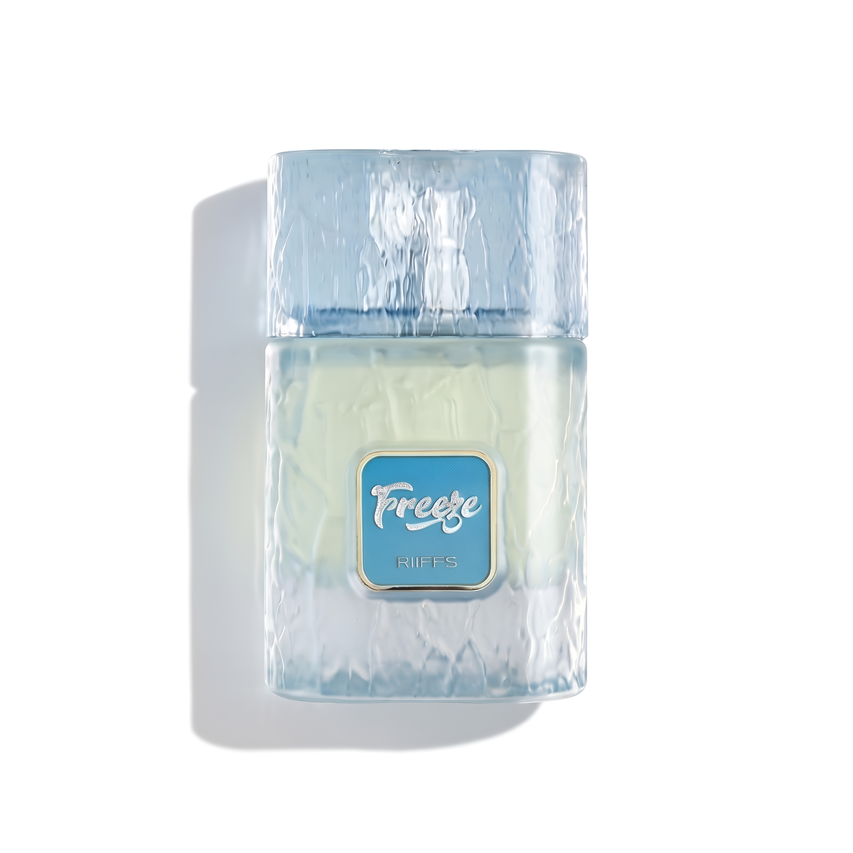 Bottle of Riffs Freeze EDP fragrance on a white background with soft shadow