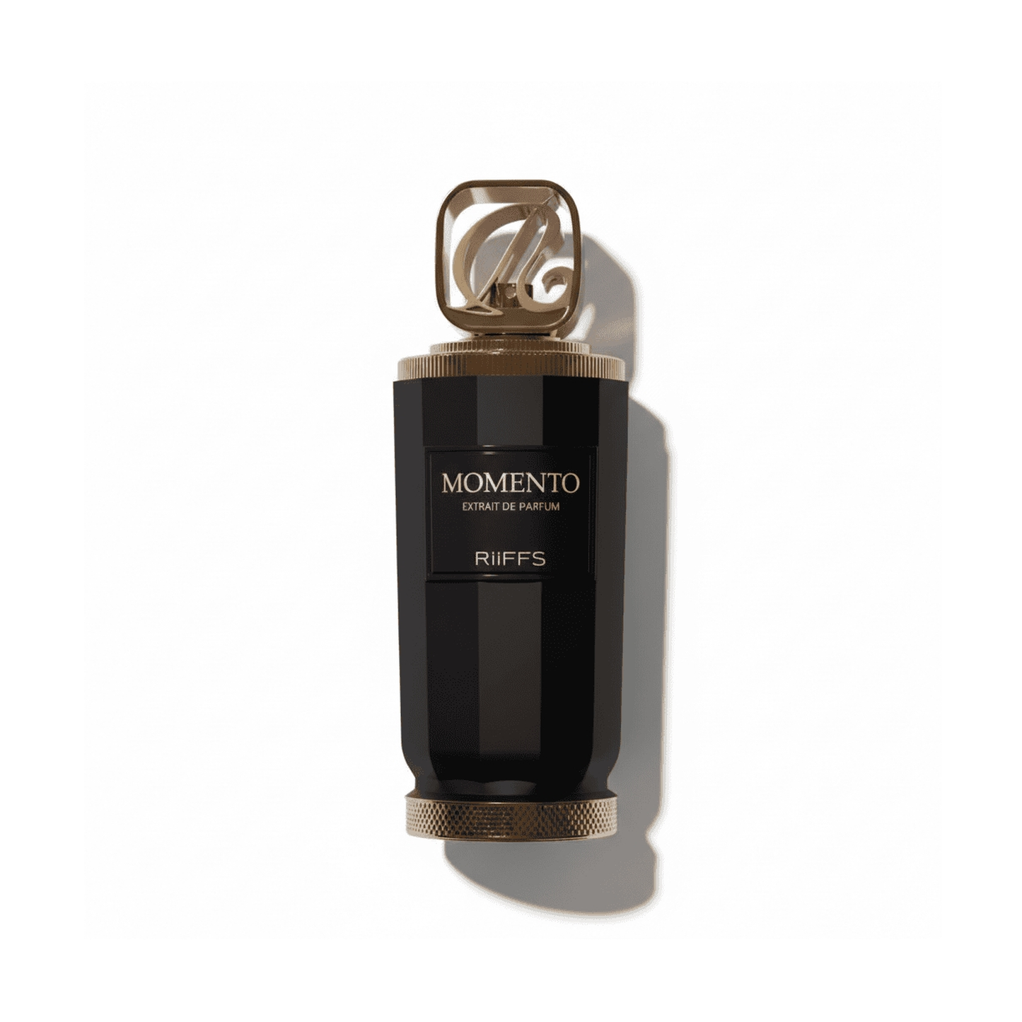 Bottle of Riffs Momento Extrait fragrance on a white background with soft shadow