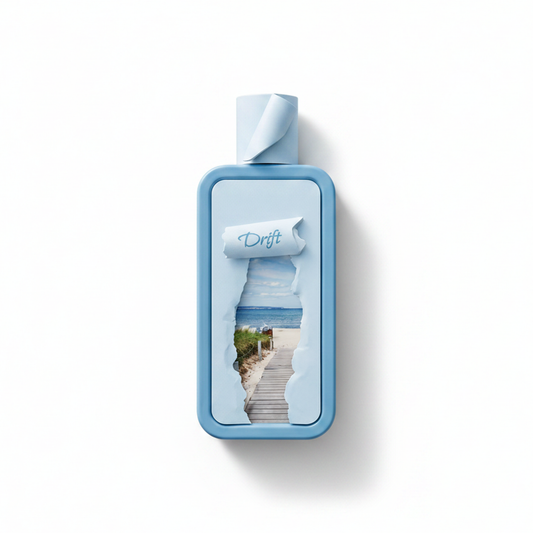 Bottle of Riffs Seasons Drift fragrance on a white background with soft shadow