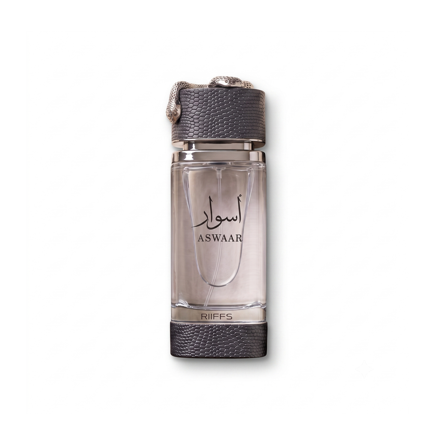 Bottle of Riiffs Aswar EDP fragrance on a white background with soft shadow