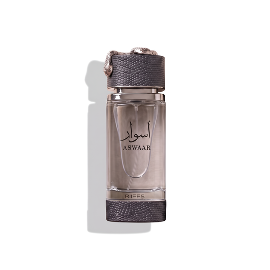 Bottle of Riiffs Aswar EDP fragrance on a white background with soft shadow