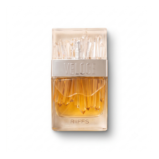 Bottle of Riiffs Veloce EDP fragrance on a white background with soft shadow