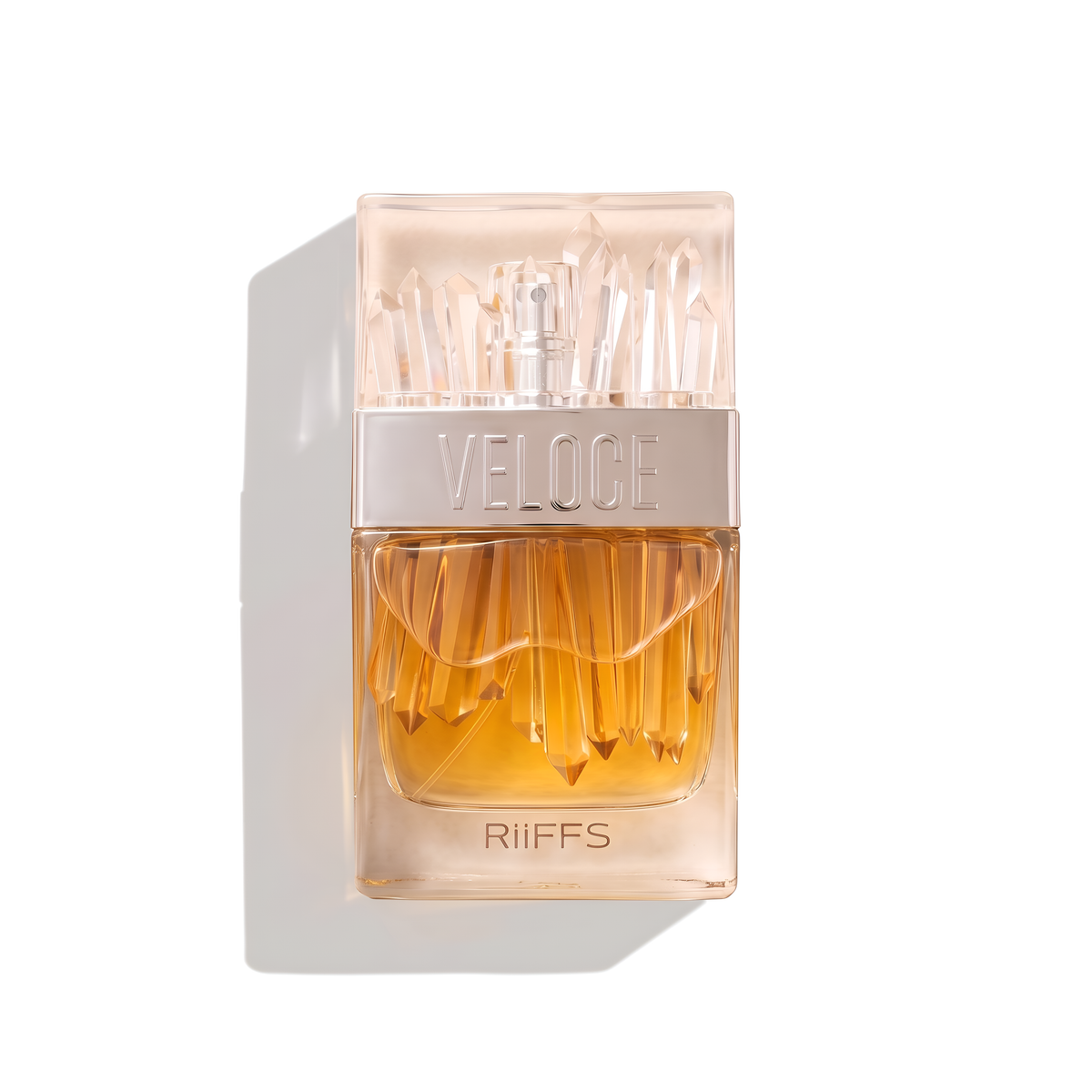 Bottle of Riiffs Veloce EDP fragrance on a white background with soft shadow