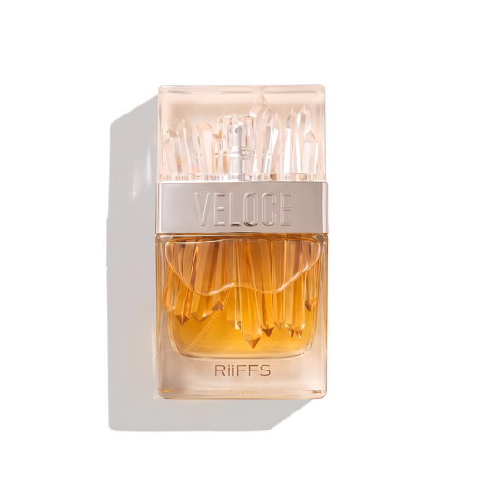 Bottle of Riiffs Veloce EDP fragrance on a white background with soft shadow