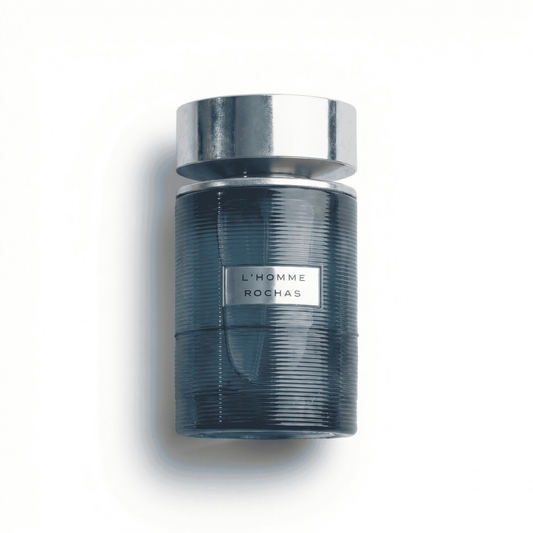 Bottle of Rochas L’Homme EDT fragrance on a white background with soft shadow