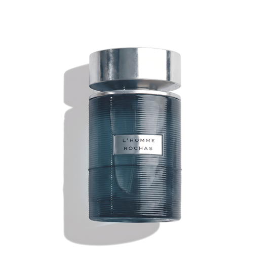 Bottle of Rochas L’Homme EDT fragrance on a white background with soft shadow