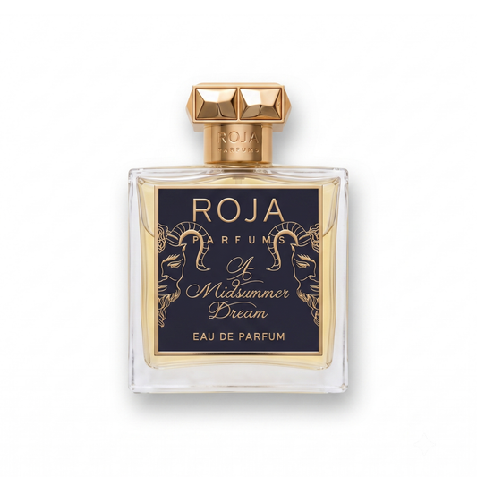 Bottle of Roja Parfums A Midsummer Dream EDP fragrance on a white background with soft shadow