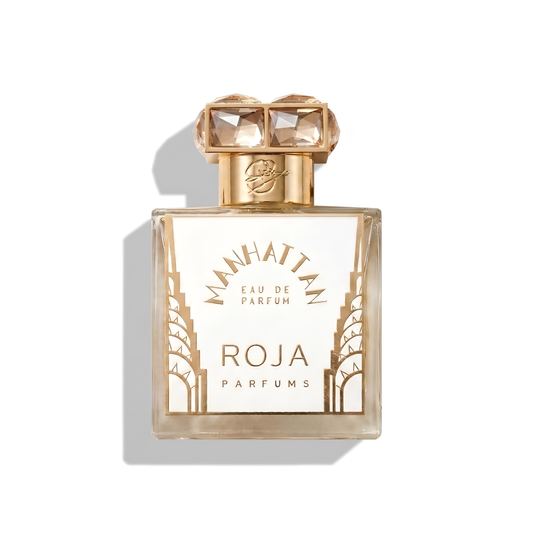 Bottle of Roja Parfums Manhattan EDP fragrance on a white background with soft shadow
