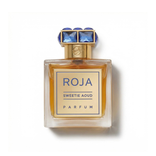 Bottle of Roja Parfums Sweetie Aoud Parfum fragrance on a white background with soft shadow