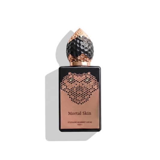 Bottle of SHL 777 Mortal Skin EDP fragrance on a white background with soft shadow