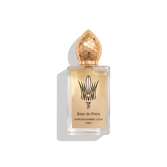 Bottle of SHL 777 Rose De Petra EDP fragrance on a white background with soft shadow