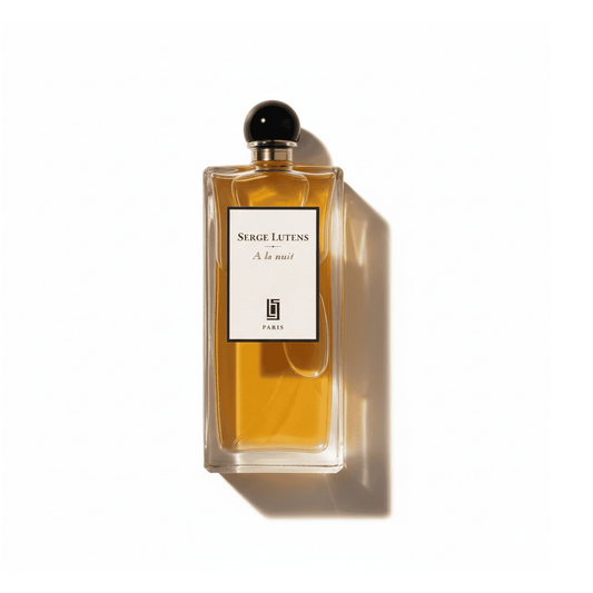 Bottle of Serge Lutens A La Nuit EDP fragrance on a white background with soft shadow