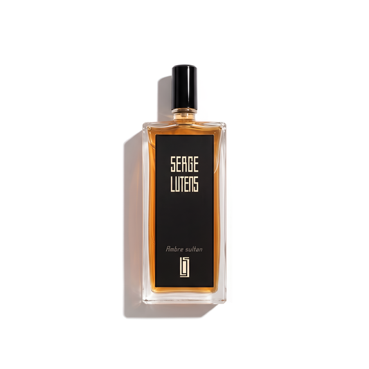 Bottle of Serge Lutens Ambre Sultan EDP fragrance on a white background with soft shadow