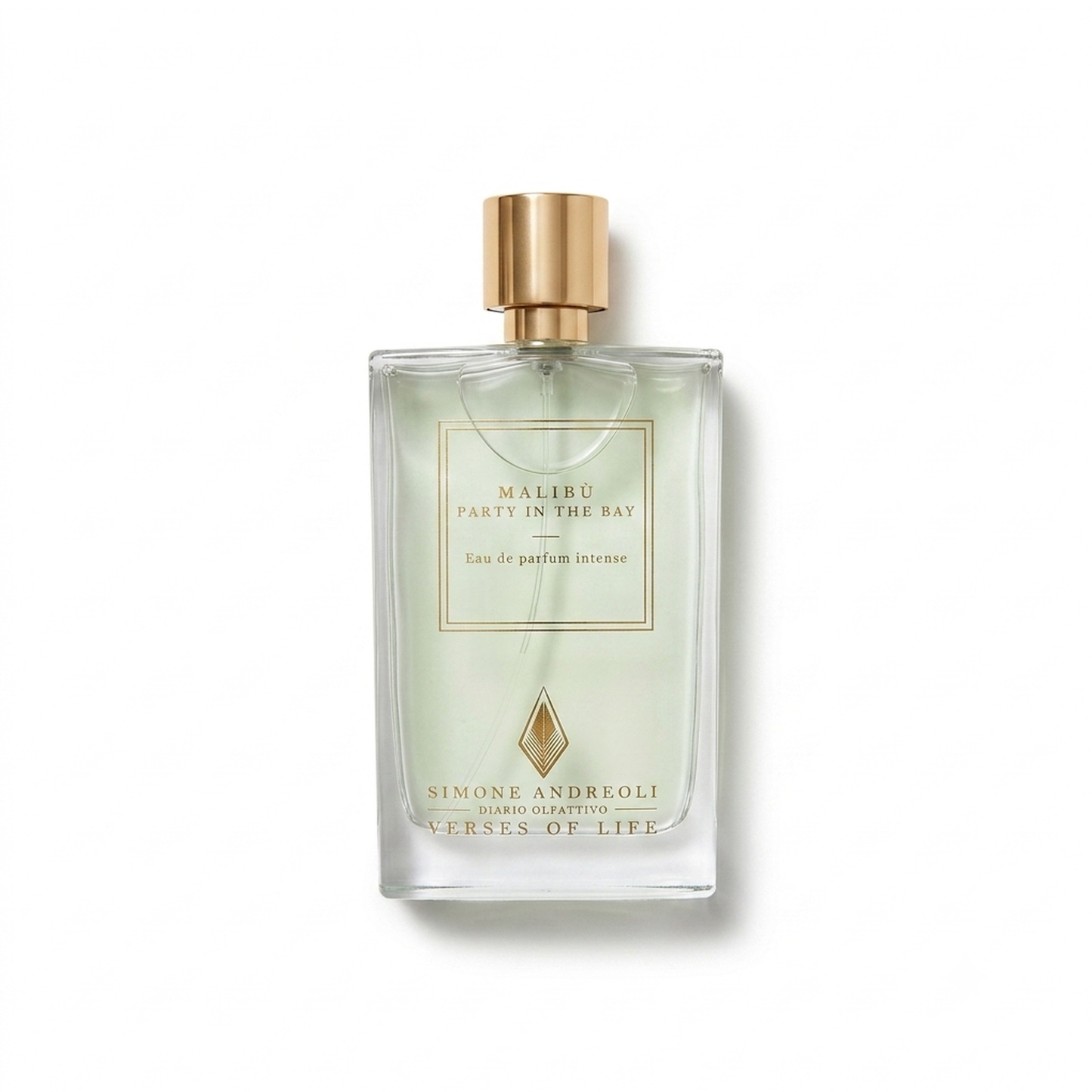 Bottle of Simone Andreoli Malibu Party In The Bay EDP fragrance on a white background with soft shadow