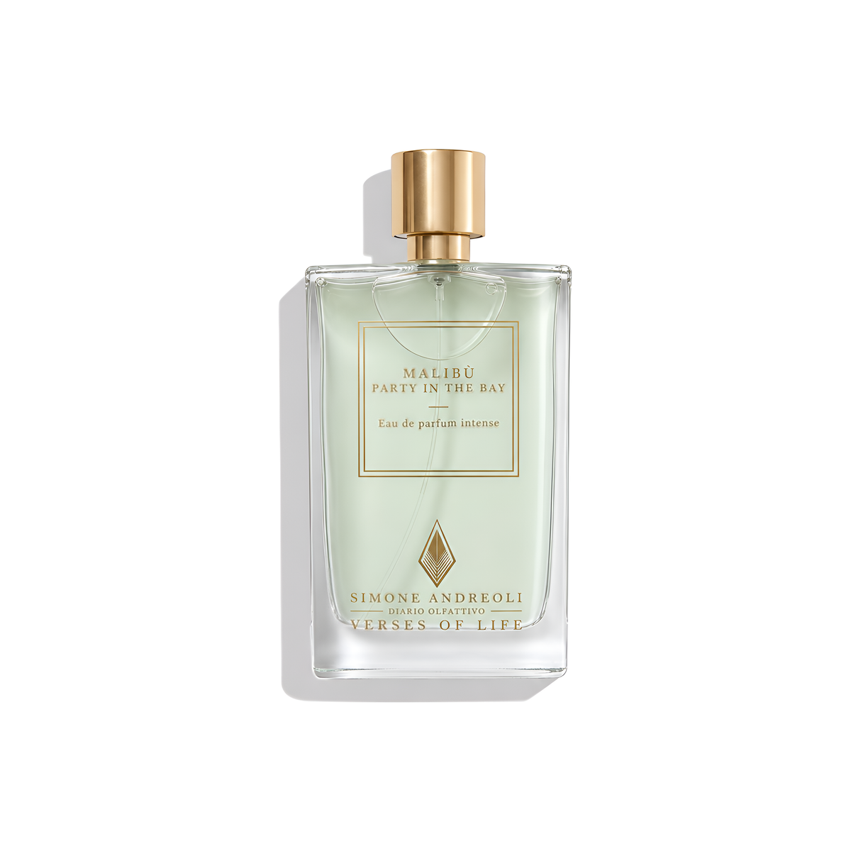 Bottle of Simone Andreoli Malibu Party In The Bay EDP fragrance on a white background with soft shadow