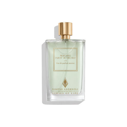 Bottle of Simone Andreoli Malibu Party In The Bay EDP fragrance on a white background with soft shadow