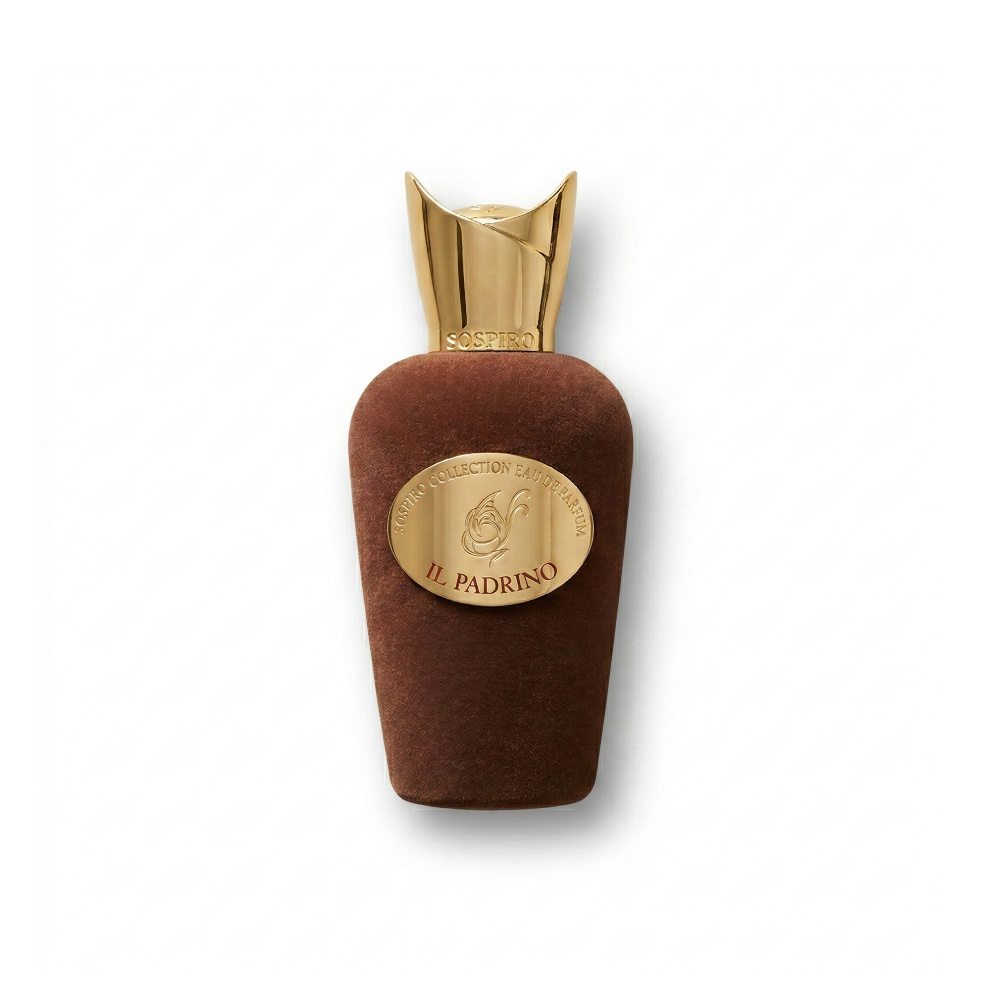 Bottle of Sospiro Il Padrino EDP fragrance on a white background with soft shadow