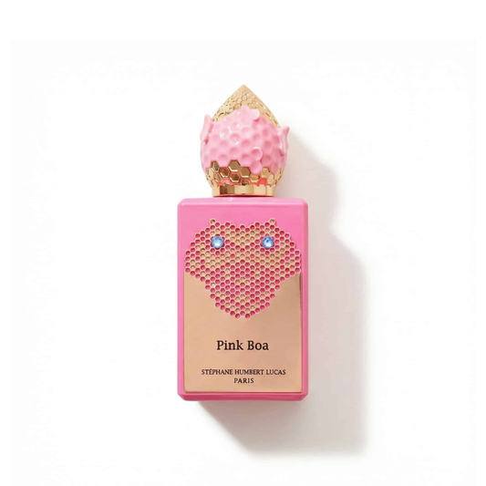 Bottle of Stephane Humbert Lucas 777 Pink Boa EDP fragrance on a white background with soft shadow