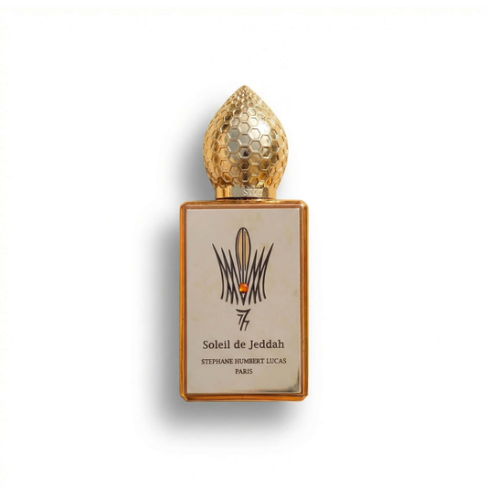 Bottle of Stephane Humbert Lucas 777 Soleil De Jeddah EDP fragrance on a white background with soft shadow