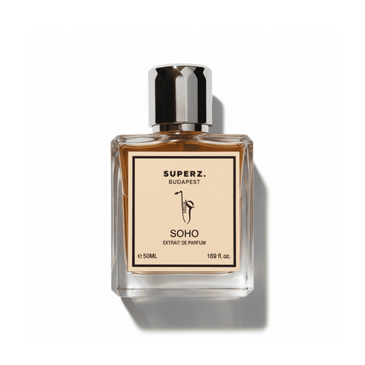 Bottle of Superz Soho Parfum fragrance on a white background with soft shadow