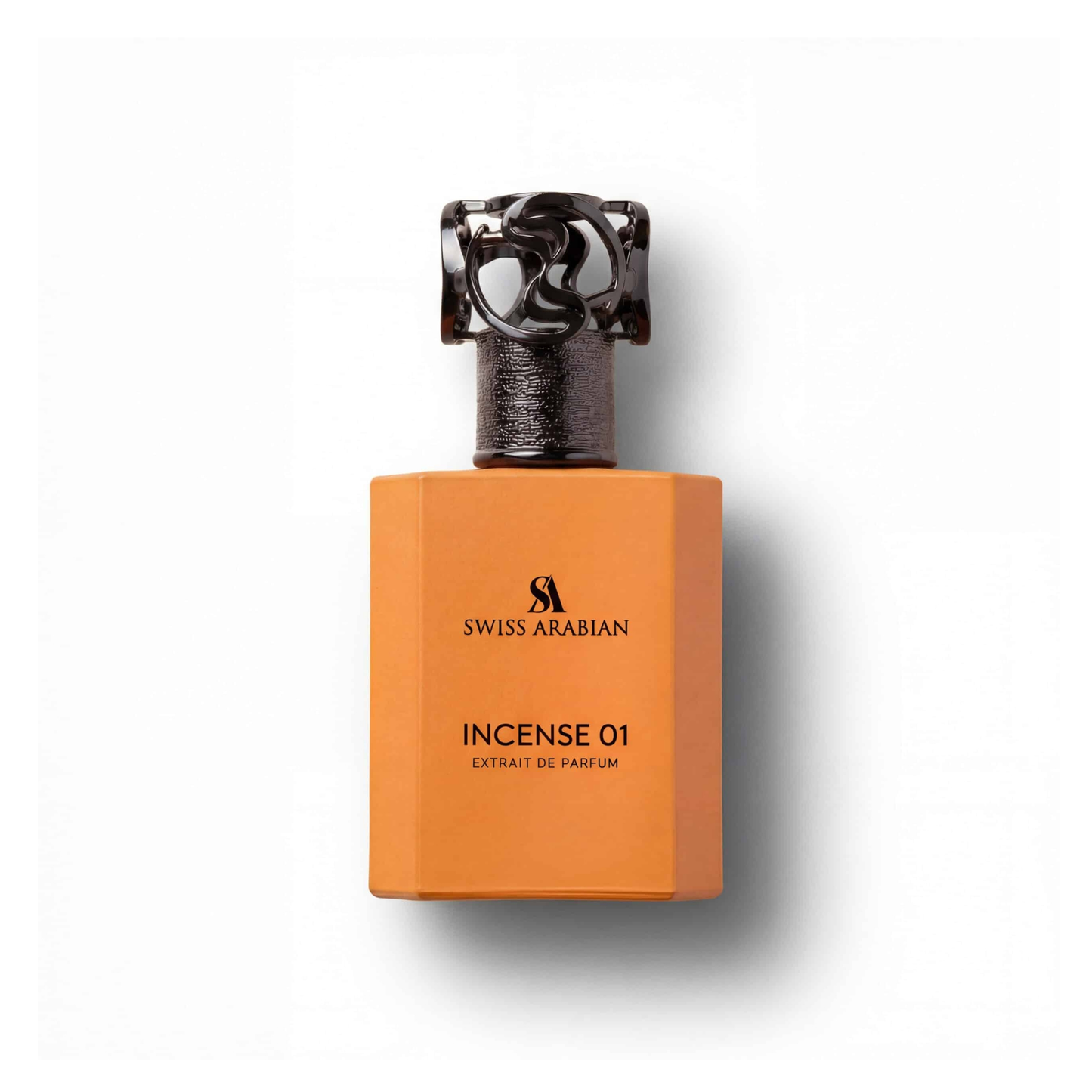 Bottle of Swiss Arabian Incense 01 Extrait fragrance on a white background with soft shadow