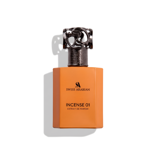 Bottle of Swiss Arabian Incense 01 Extrait fragrance on a white background with soft shadow